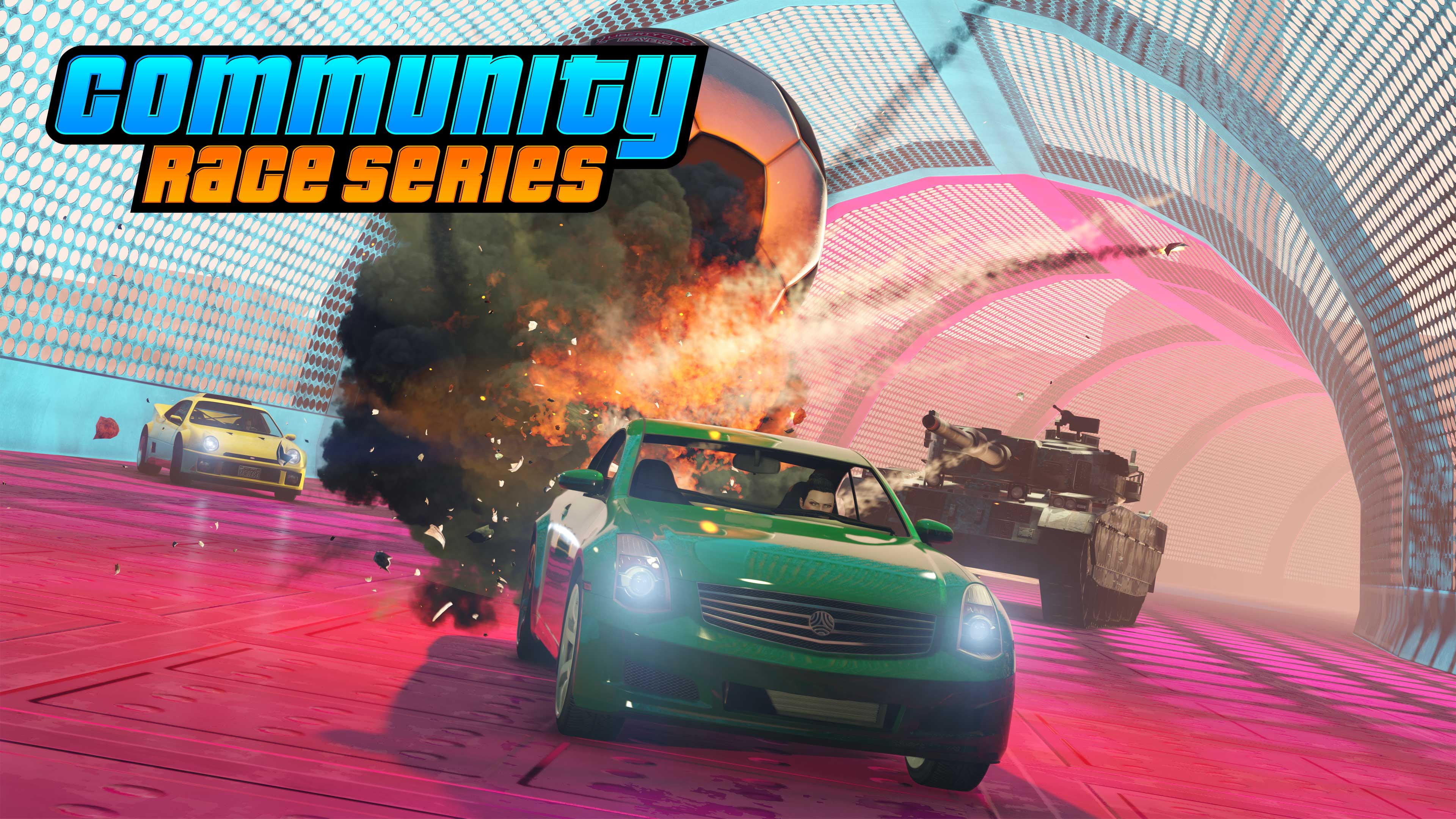 پوستر Community Race Series با وسایل نقلیه در حال فرار از تانک و انفجار