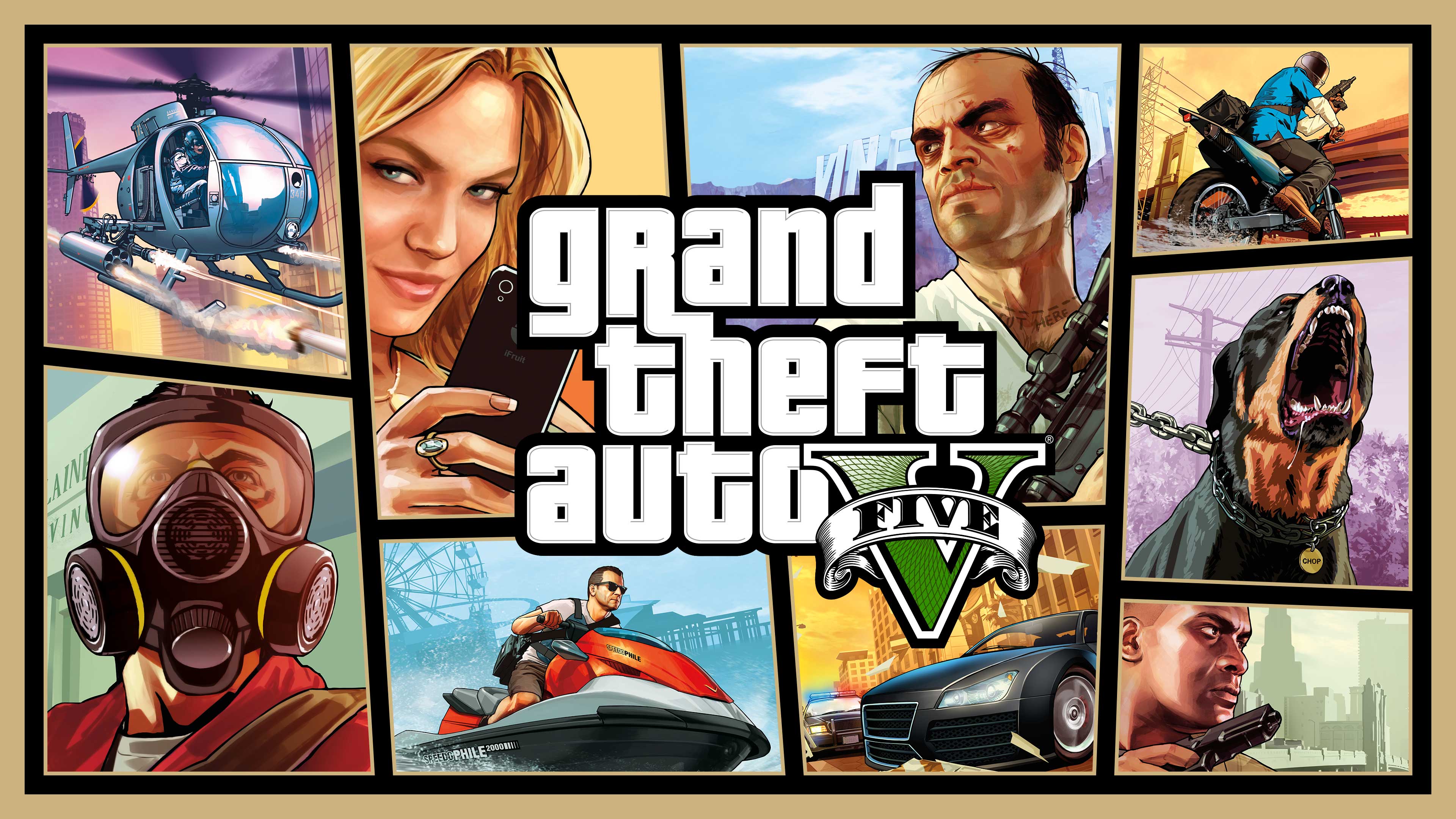 لوگوی Grand Theft Auto 5 روی آثار هنری با شخصیتها و صحنههای مختلف