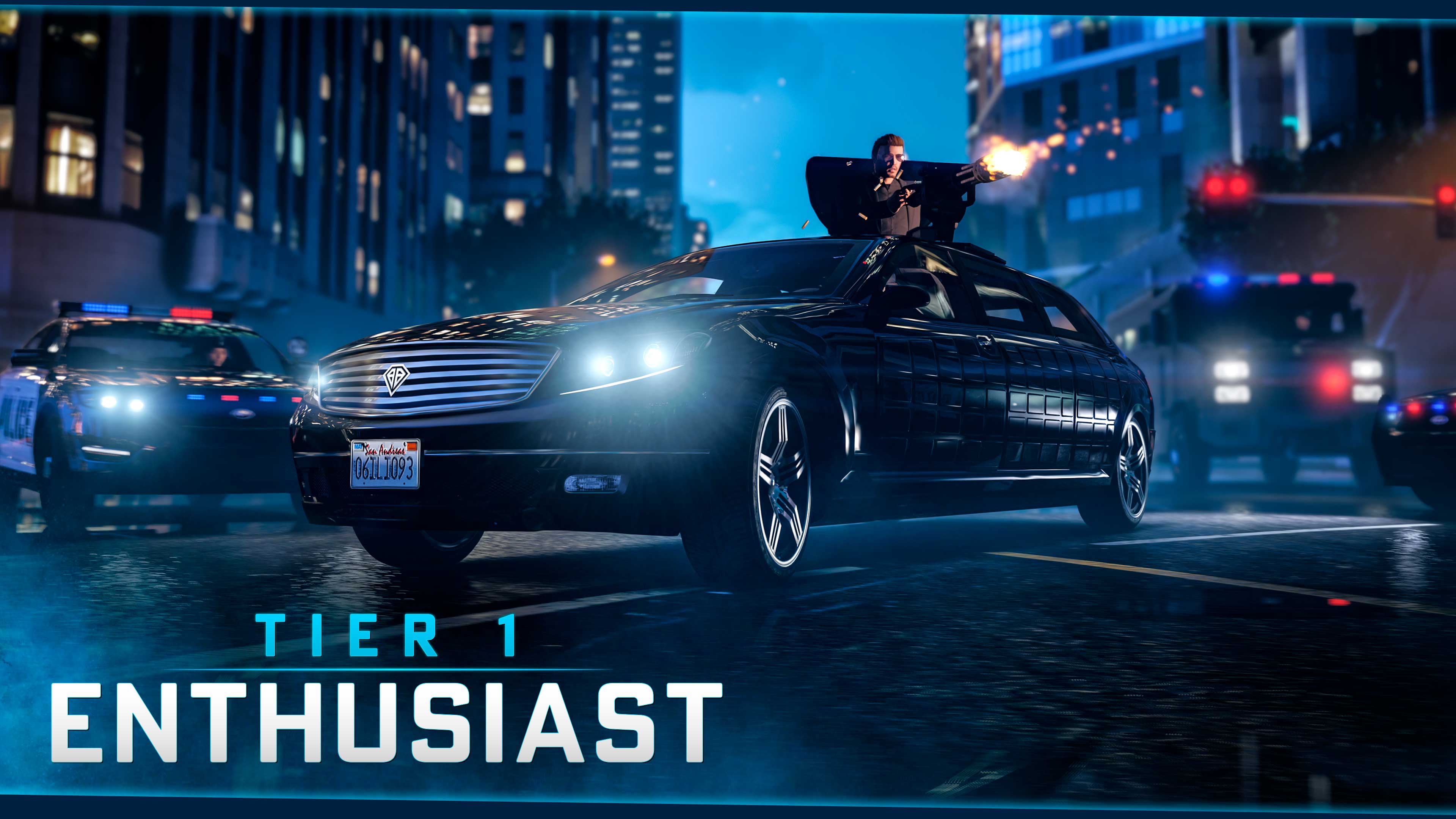 پوستر سطح Enthusiast با شخصیت GTA Online که از روی لیموزین سیاه با سلاح سنگین به پلیسها شلیک میکند