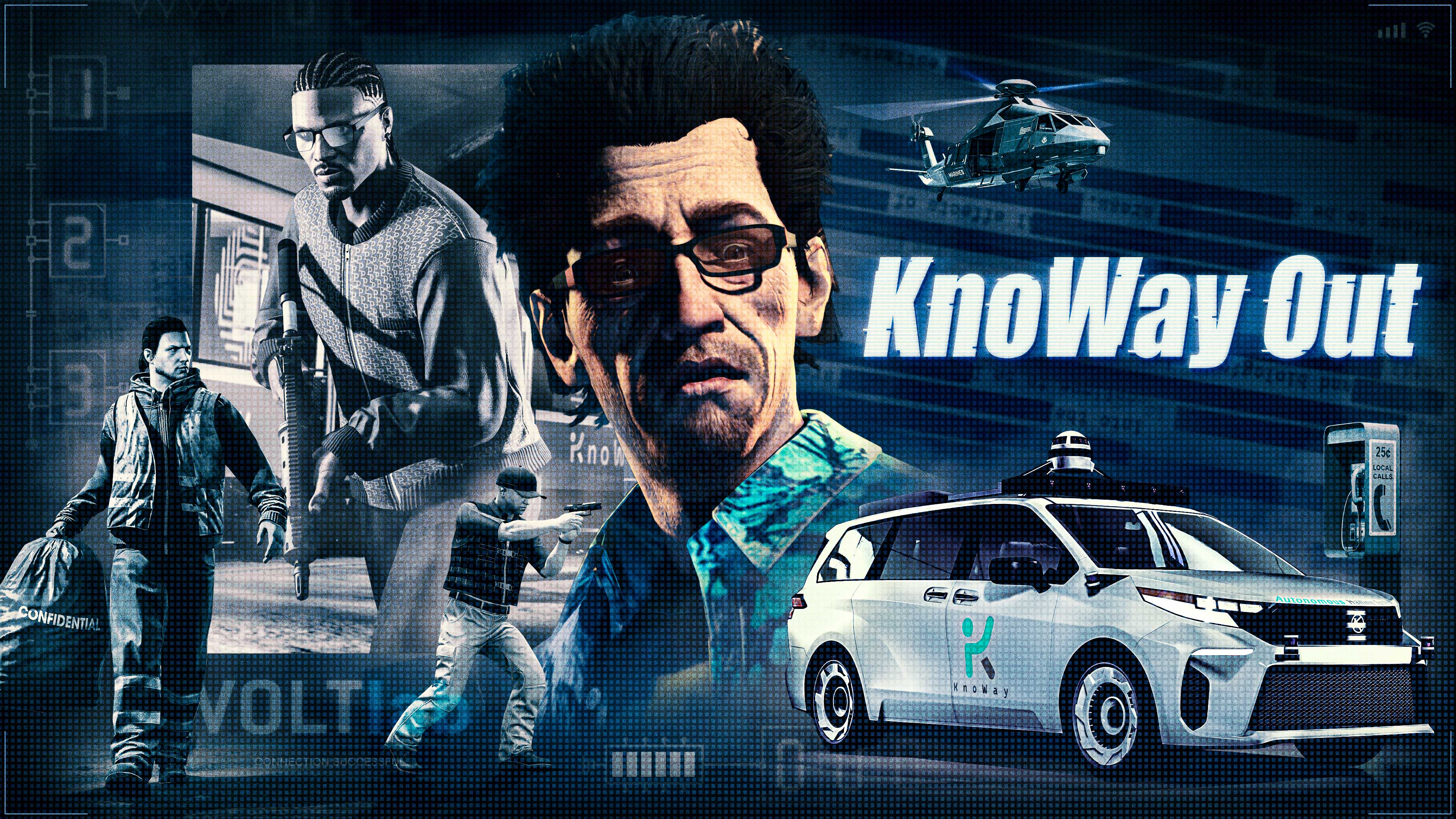 پوستر KnoWay Out با Avi Schwartzman و تصاویر وسیله نقلیه خودران و شخصیتهای GTA Online