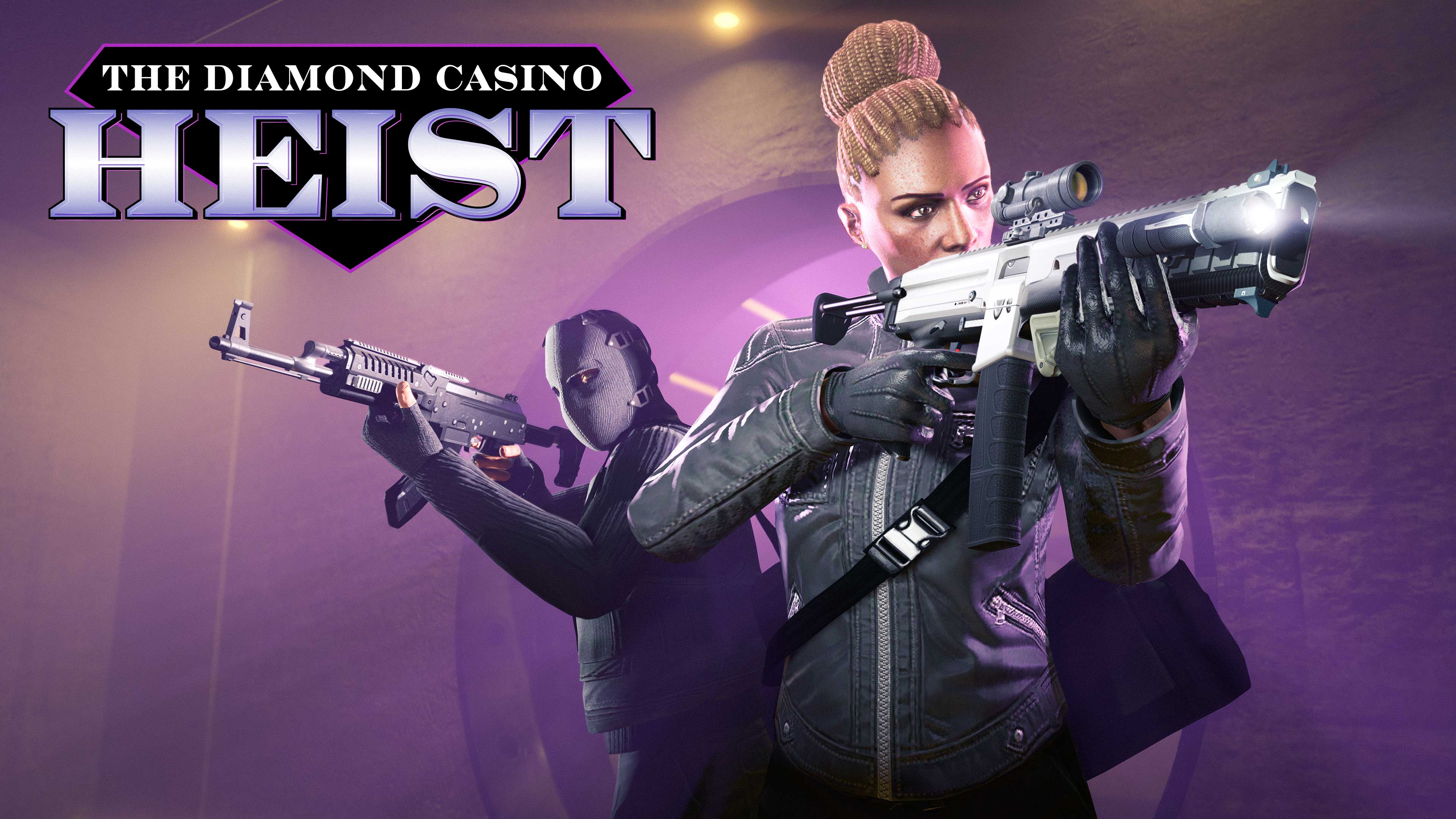 پوستر The Diamond Casino Heist با دو شخصیت مسلح GTA Online در اتاقی پر از مه